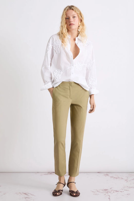 Marella Khaki Slim Leg Cropped Stretch Cotton Poplin Trousers