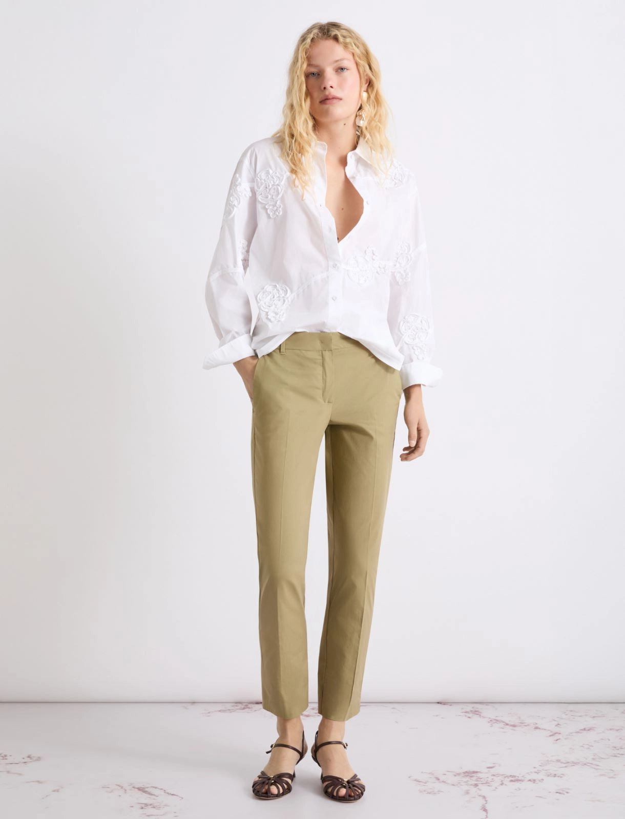 Marella Khaki Slim Leg Cropped Stretch Cotton Poplin Trousers