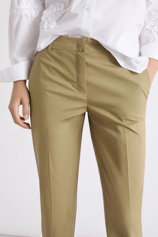 Marella Khaki Slim Leg Cropped Stretch Cotton Poplin Trousers
