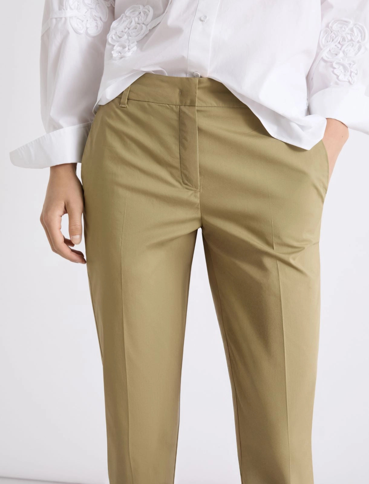 Marella Khaki Slim Leg Cropped Stretch Cotton Poplin Trousers