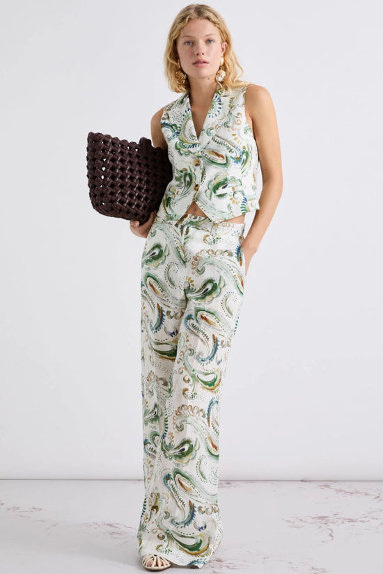 Marella Wide Leg Linen White with Pattern Print Trousers