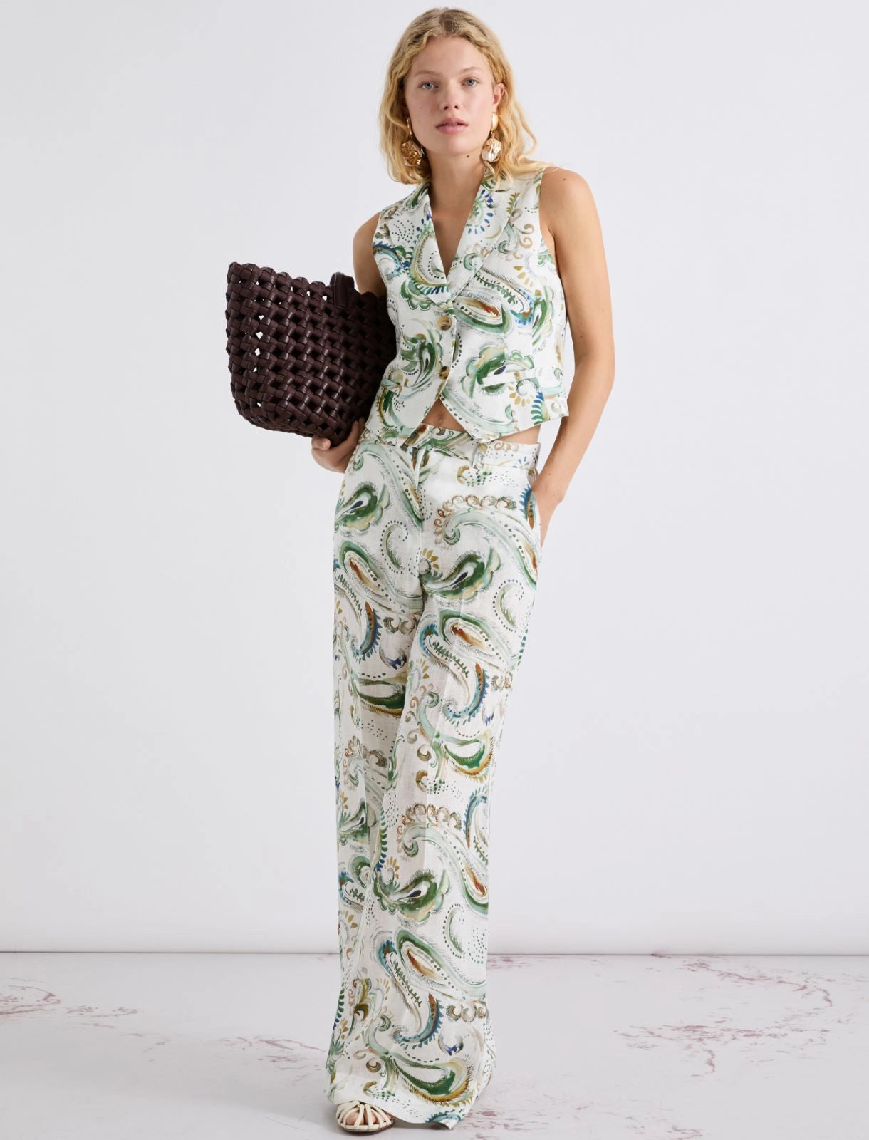 Marella Wide Leg Linen White with Pattern Print Trousers