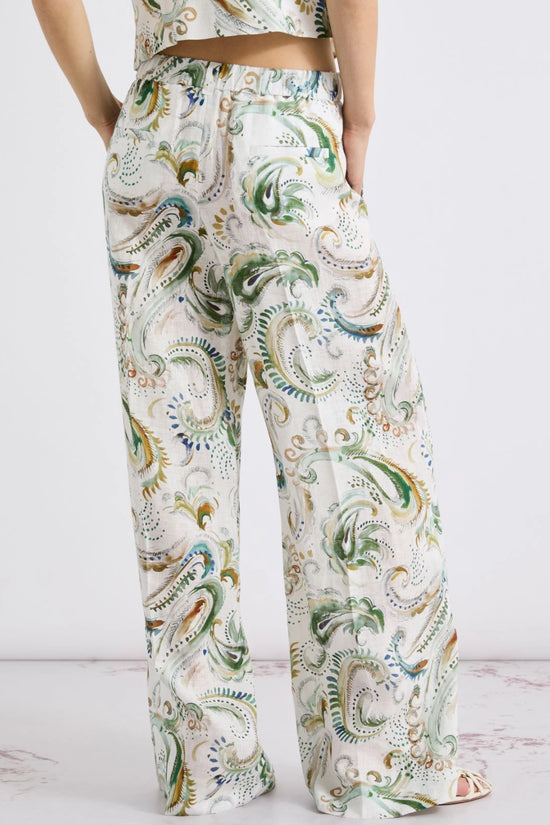 Marella Wide Leg Linen White with Pattern Print Trousers