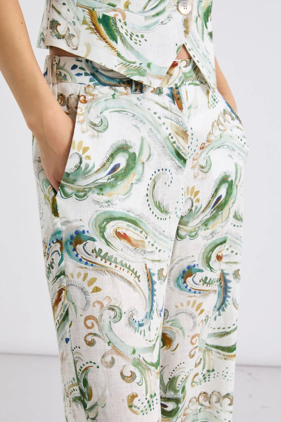 Marella Wide Leg Linen White with Pattern Print Trousers