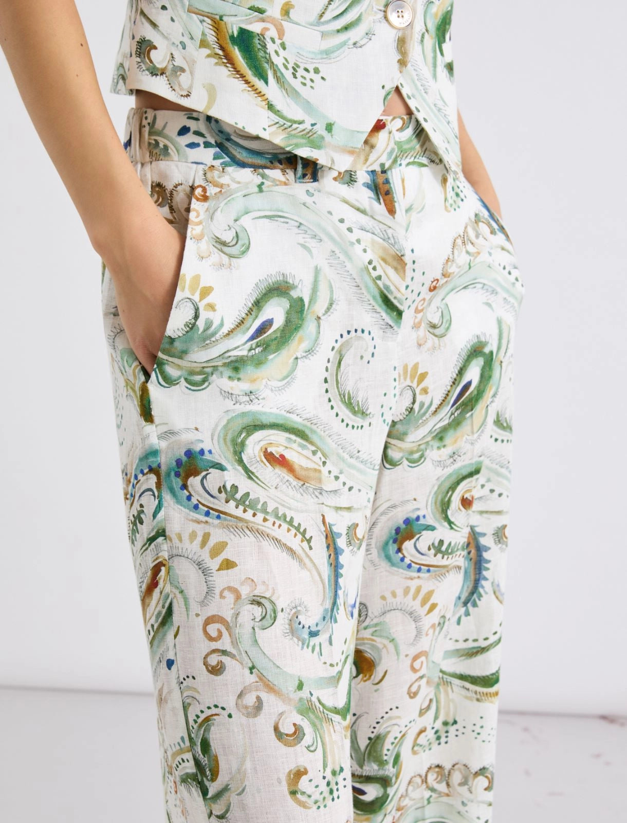 Marella Wide Leg Linen White with Pattern Print Trousers