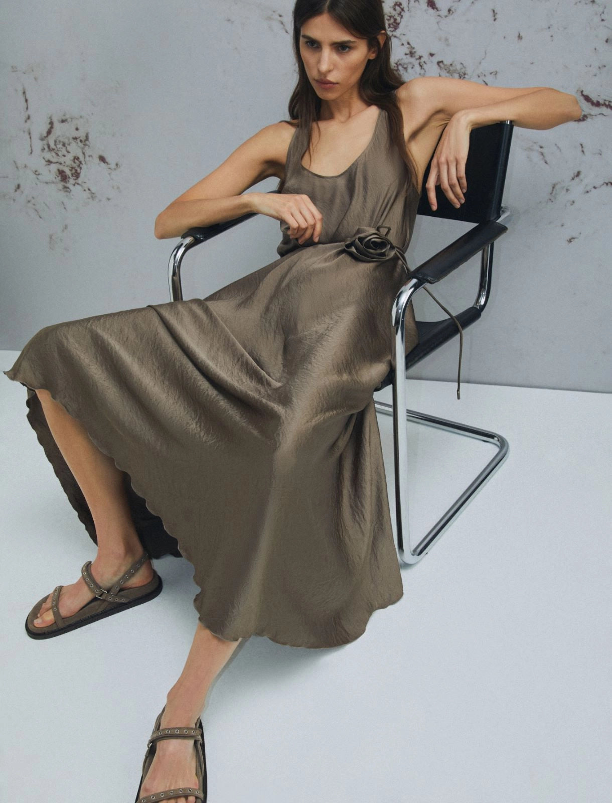 Marella Brown Loose Fit Crinkle Twill Maxi Dress MLMALCOOL