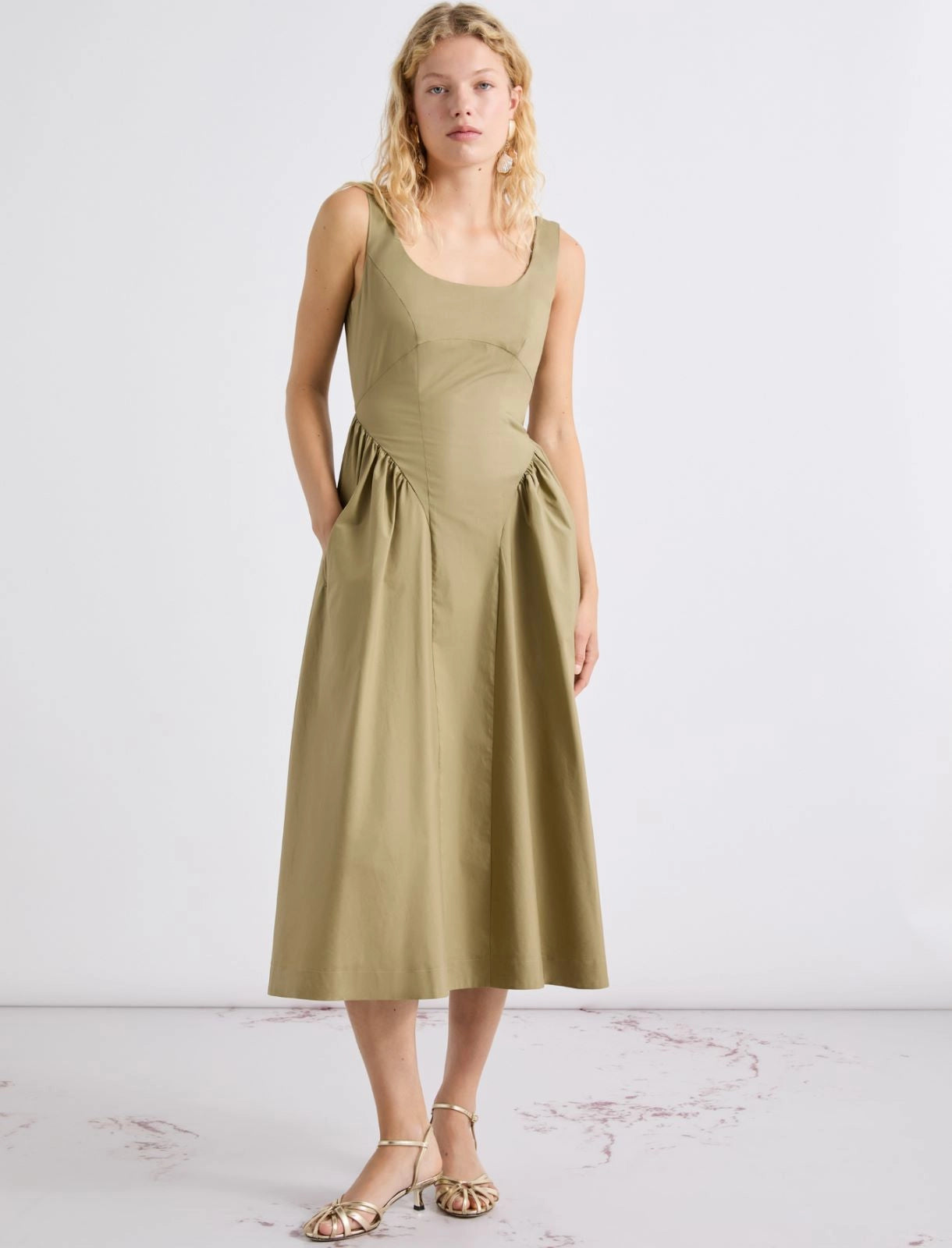 Marella Khaki Sleeveless Slim-Fit Poplin Dress MLLENFASI