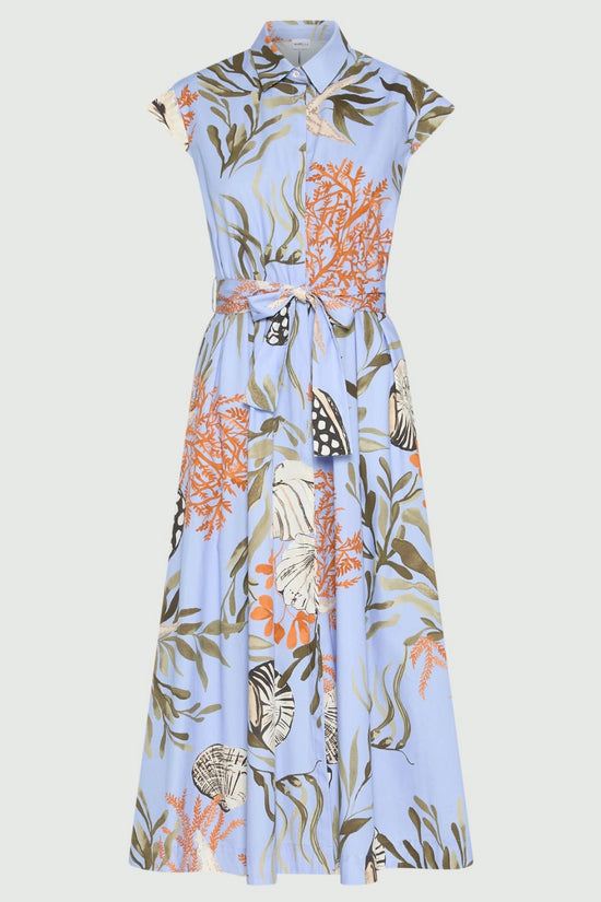 Marella Light Blue Shell & Leaf Print Stretch Cotton Shirt Dress MLLPADANA
