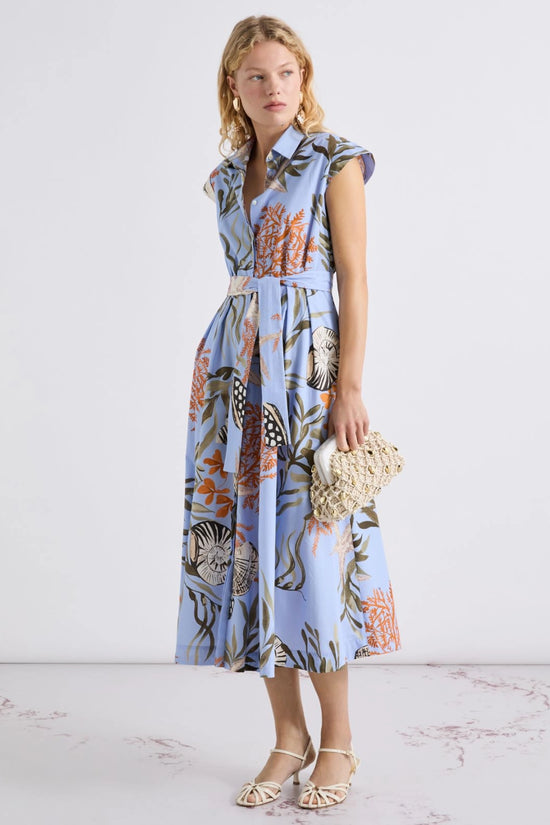 Marella Light Blue Shell & Leaf Print Stretch Cotton Shirt Dress MLLPADANA