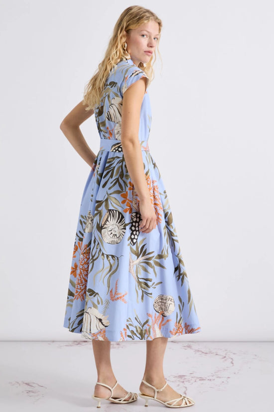 Marella Light Blue Shell & Leaf Print Stretch Cotton Shirt Dress MLLPADANA