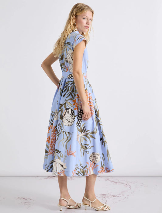 Marella Light Blue Shell & Leaf Print Stretch Cotton Shirt Dress MLLPADANA