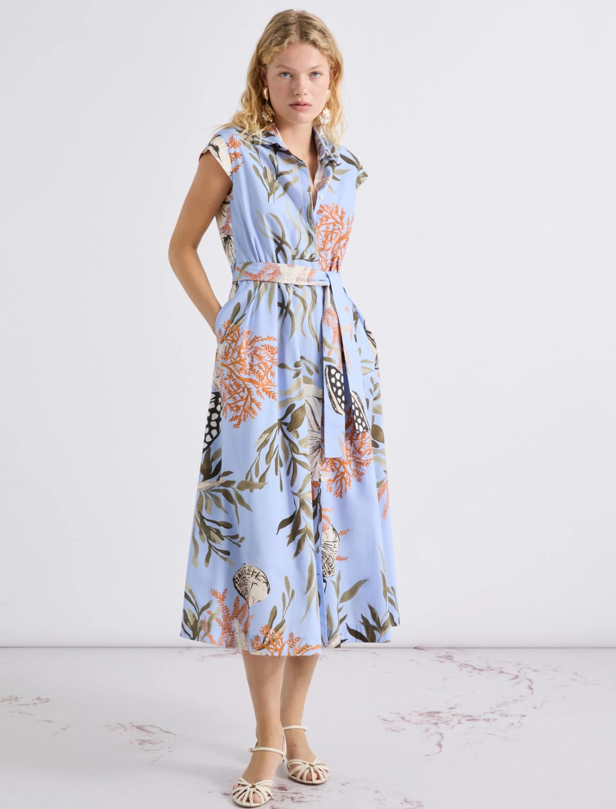 Marella Light Blue Shell & Leaf Print Stretch Cotton Shirt Dress MLLPADANA