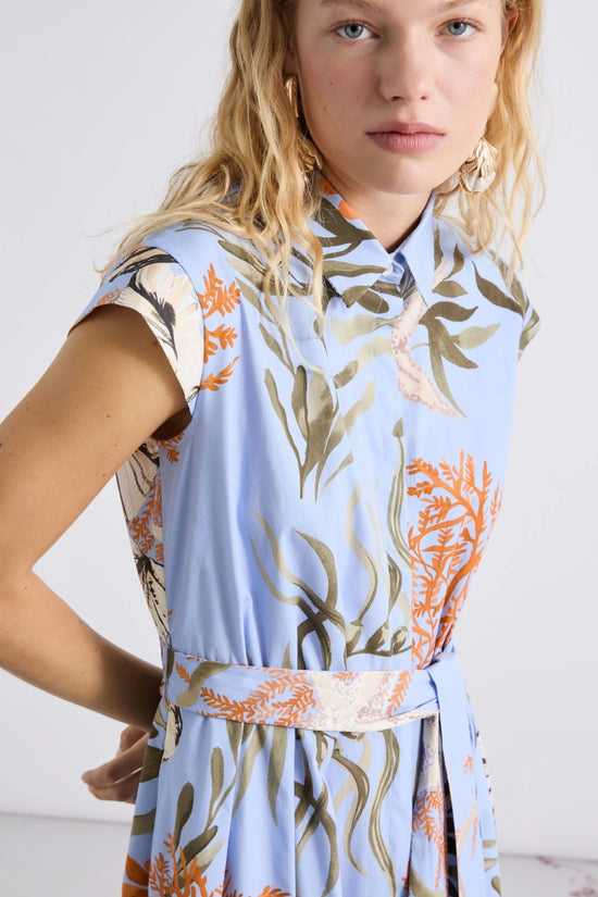 Marella Light Blue Shell & Leaf Print Stretch Cotton Shirt Dress MLLPADANA