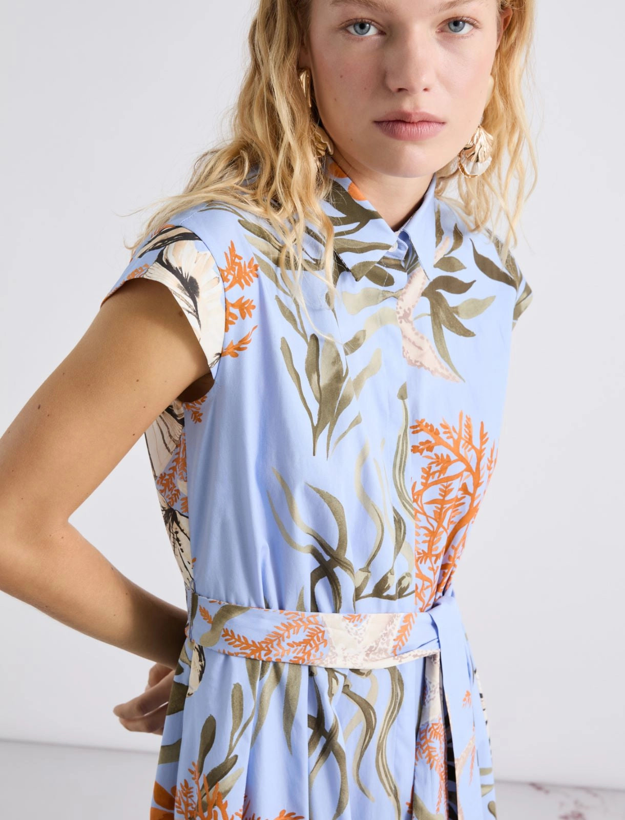 Marella Light Blue Shell & Leaf Print Stretch Cotton Shirt Dress MLLPADANA