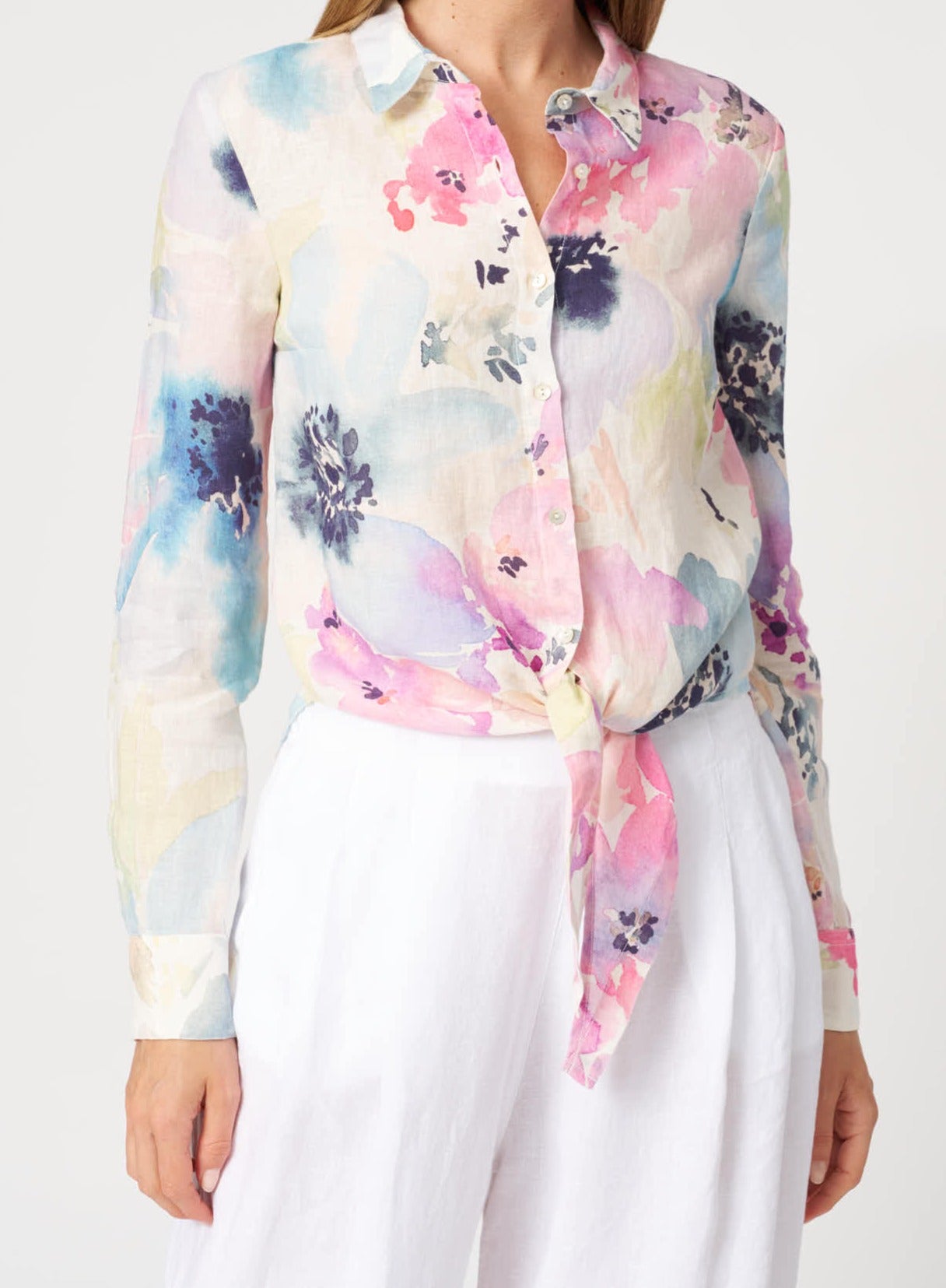 120 Lino Floral Print Long Sleeve Linen Shirt with Front Hem Tie 33ALIW19KA