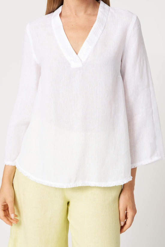 120 Lino White Linen Deep V Neck 3/4 sleeve Top with Sequin Detailing 33ALIW1PL3