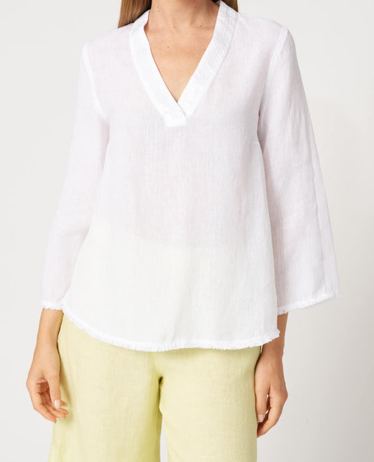 120 Lino White Linen Deep V Neck 3/4 sleeve Top with Sequin Detailing 33ALIW1PL3