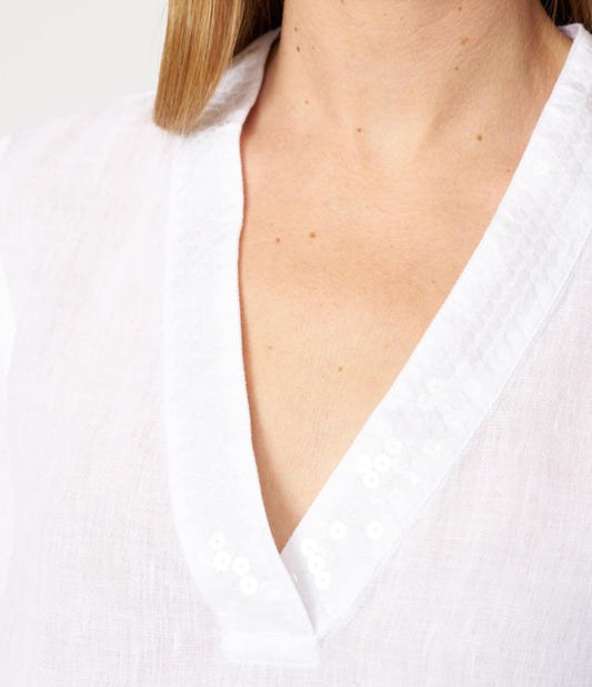 120 Lino White Linen Deep V Neck 3/4 sleeve Top with Sequin Detailing 33ALIW1PL3
