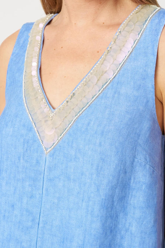 120 Lino Pacific Sleeveless V-Neck Linen A-Line Dress with Bead & Disc Detailing 33ALIW4PKE