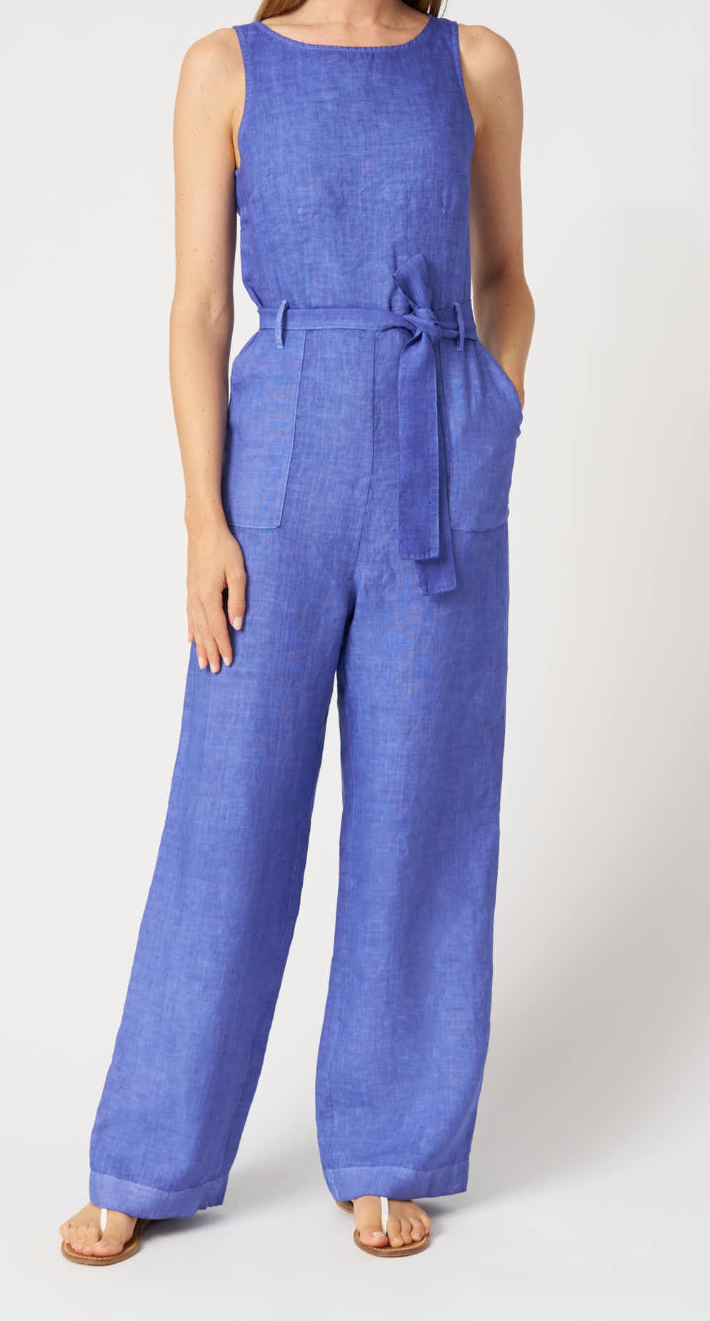 120 Lino Ink Blue Linen Jumpsuit – Sleeveless Wide Leg, Tie Waist, Side Pockets 33ALIW4PLC