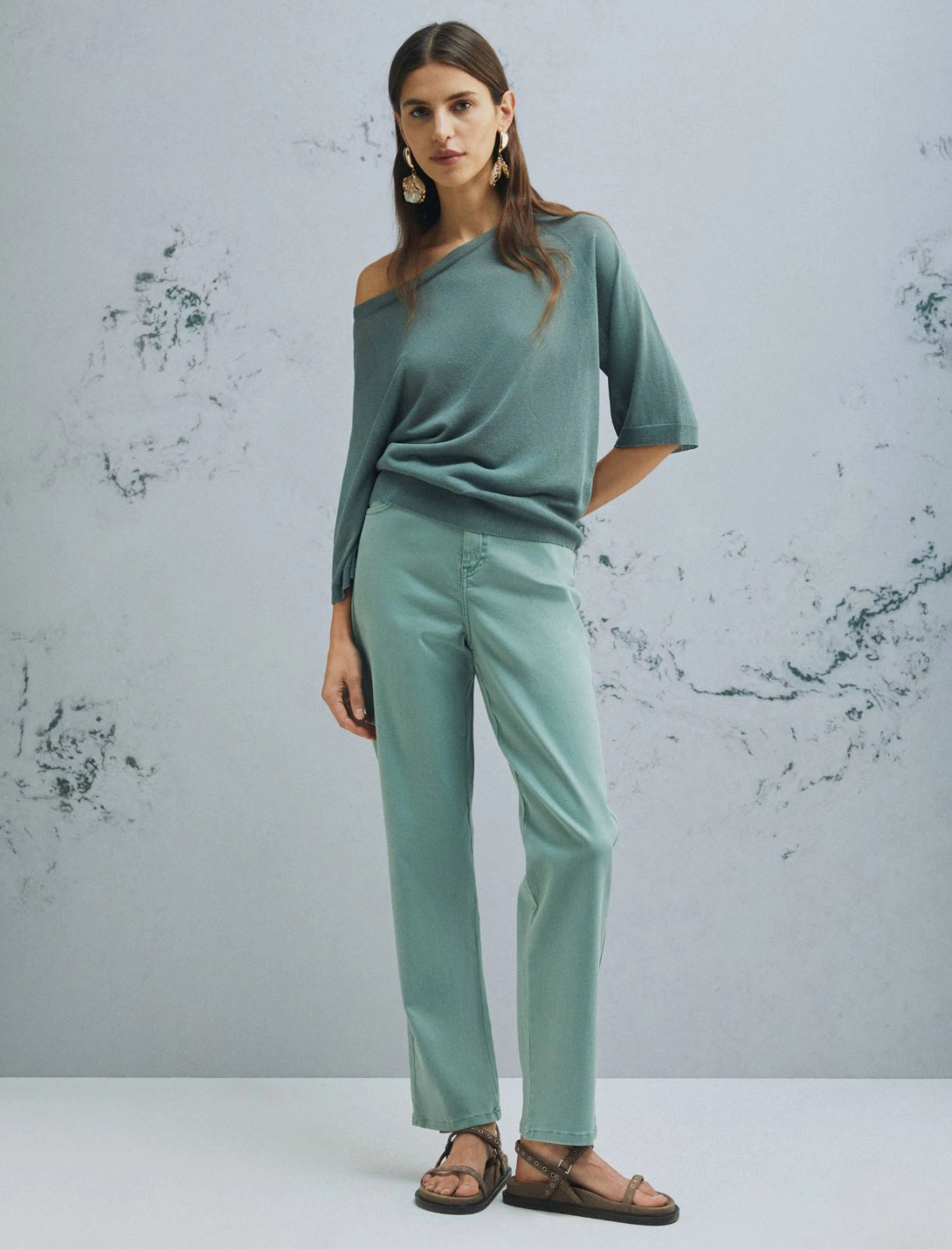 Marella Green Tulle-Look 3/4 Sleeve Viscose Sweater