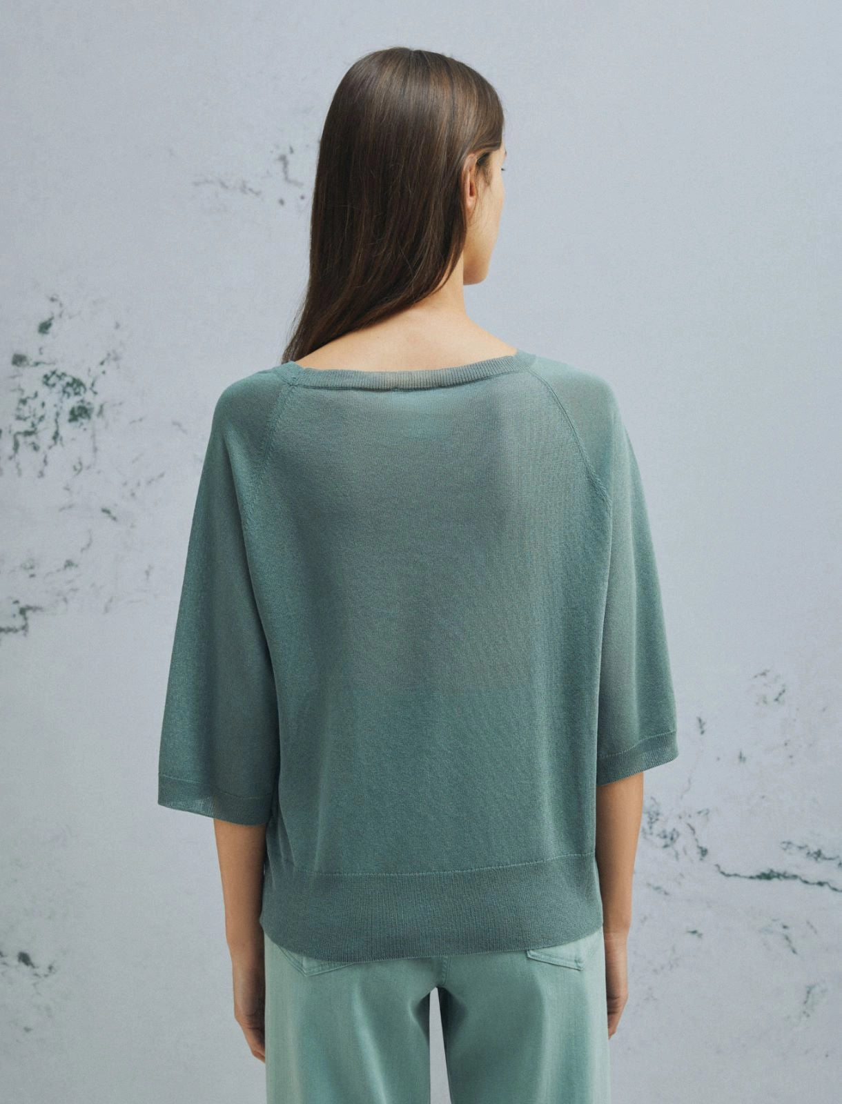 Marella Green Tulle-Look 3/4 Sleeve Viscose Sweater