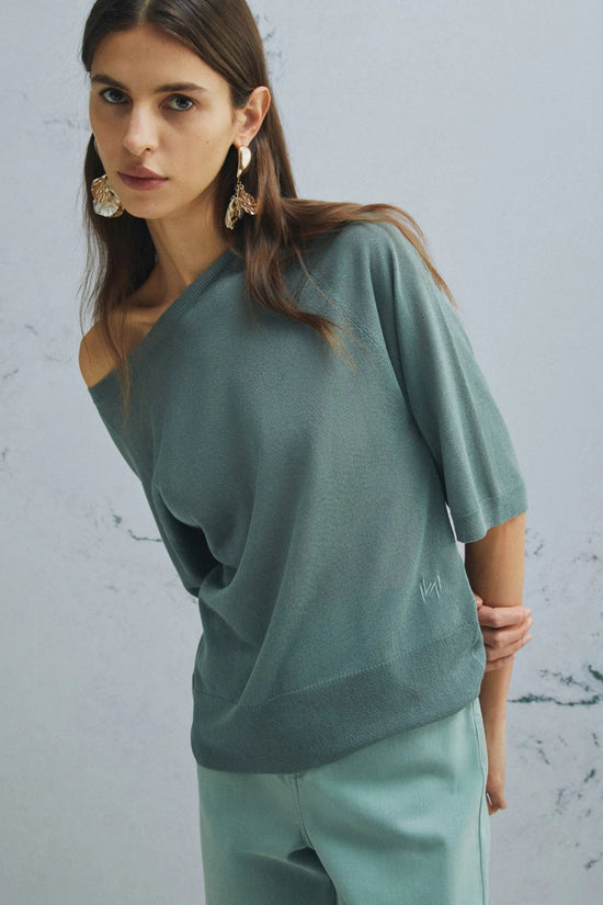 Marella Green Tulle-Look 3/4 Sleeve Viscose Sweater