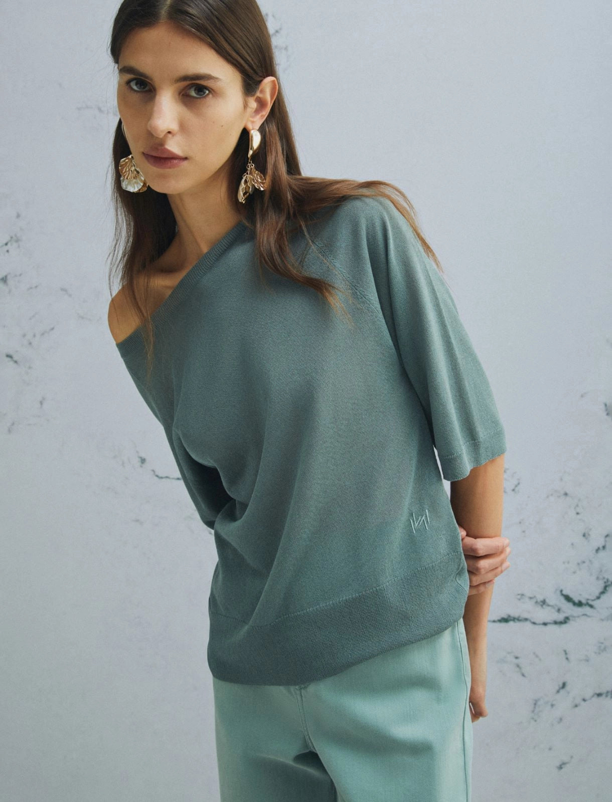 Marella Green Tulle-Look 3/4 Sleeve Viscose Sweater
