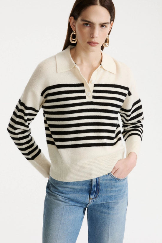 Marella Cream & Black Stripe Wool Blend Polo Neck Sweater MLSORMA