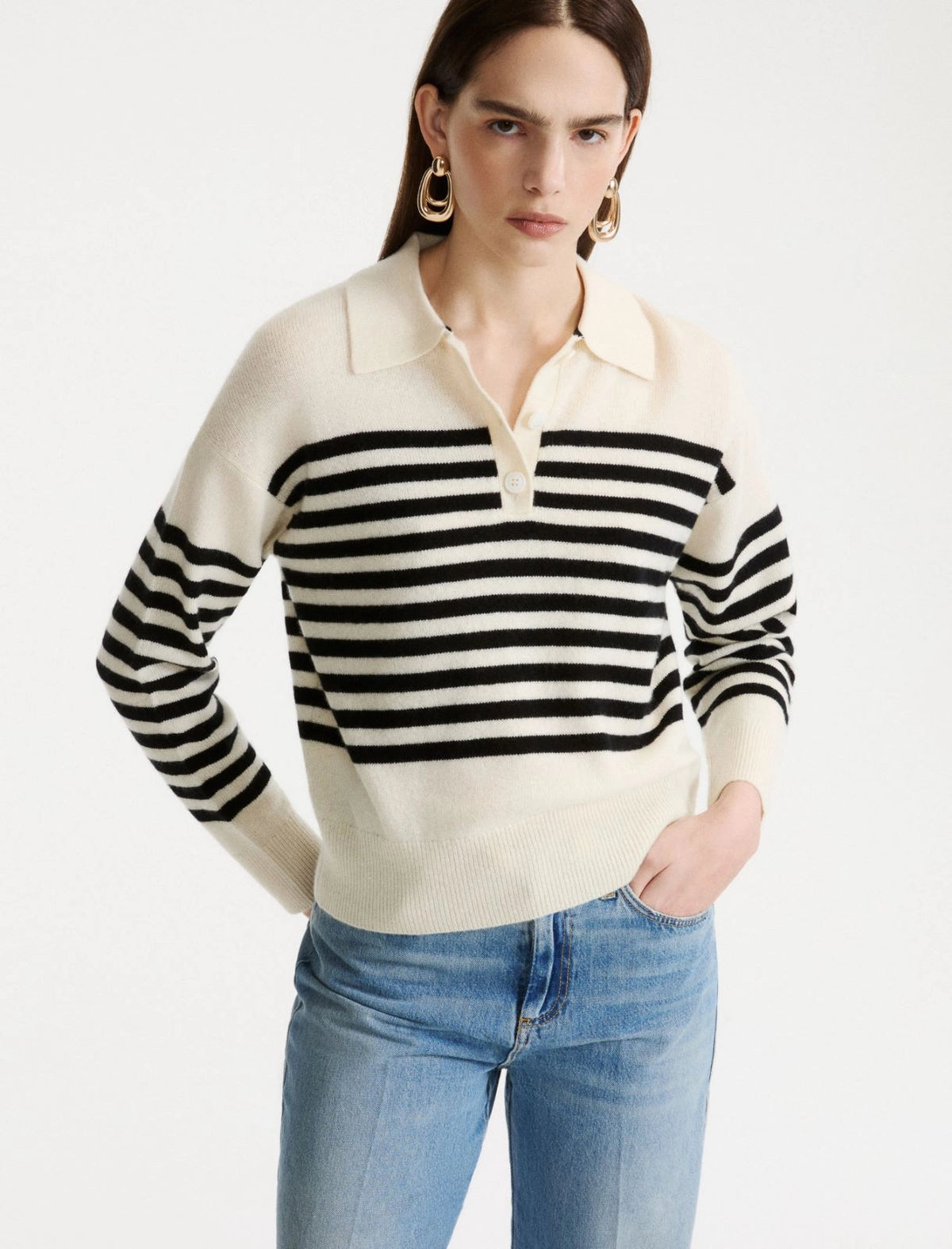 Marella Cream & Black Stripe Wool Blend Polo Neck Sweater MLSORMA