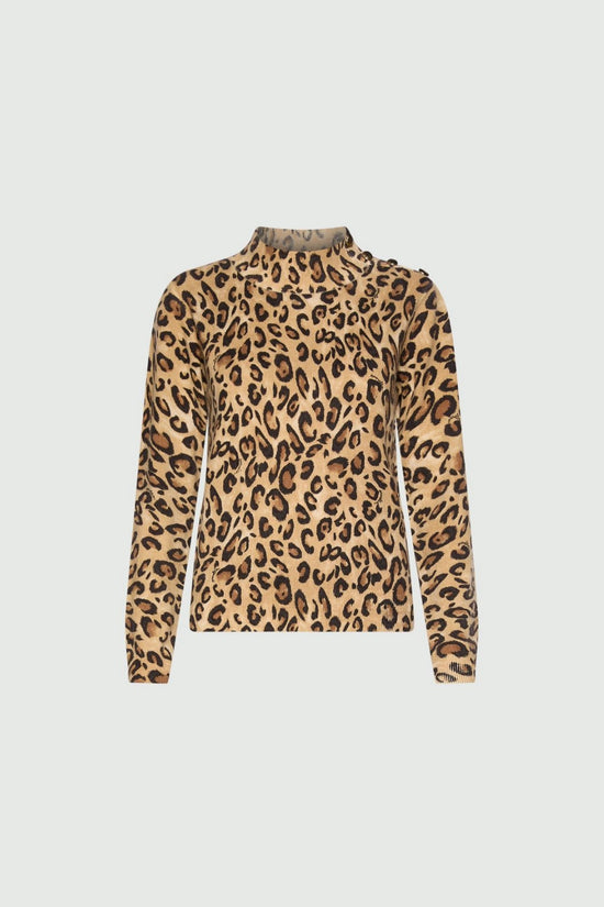 Marella Beige Animal Print Buttoned Wool Mock-Polo-Neck Sweater