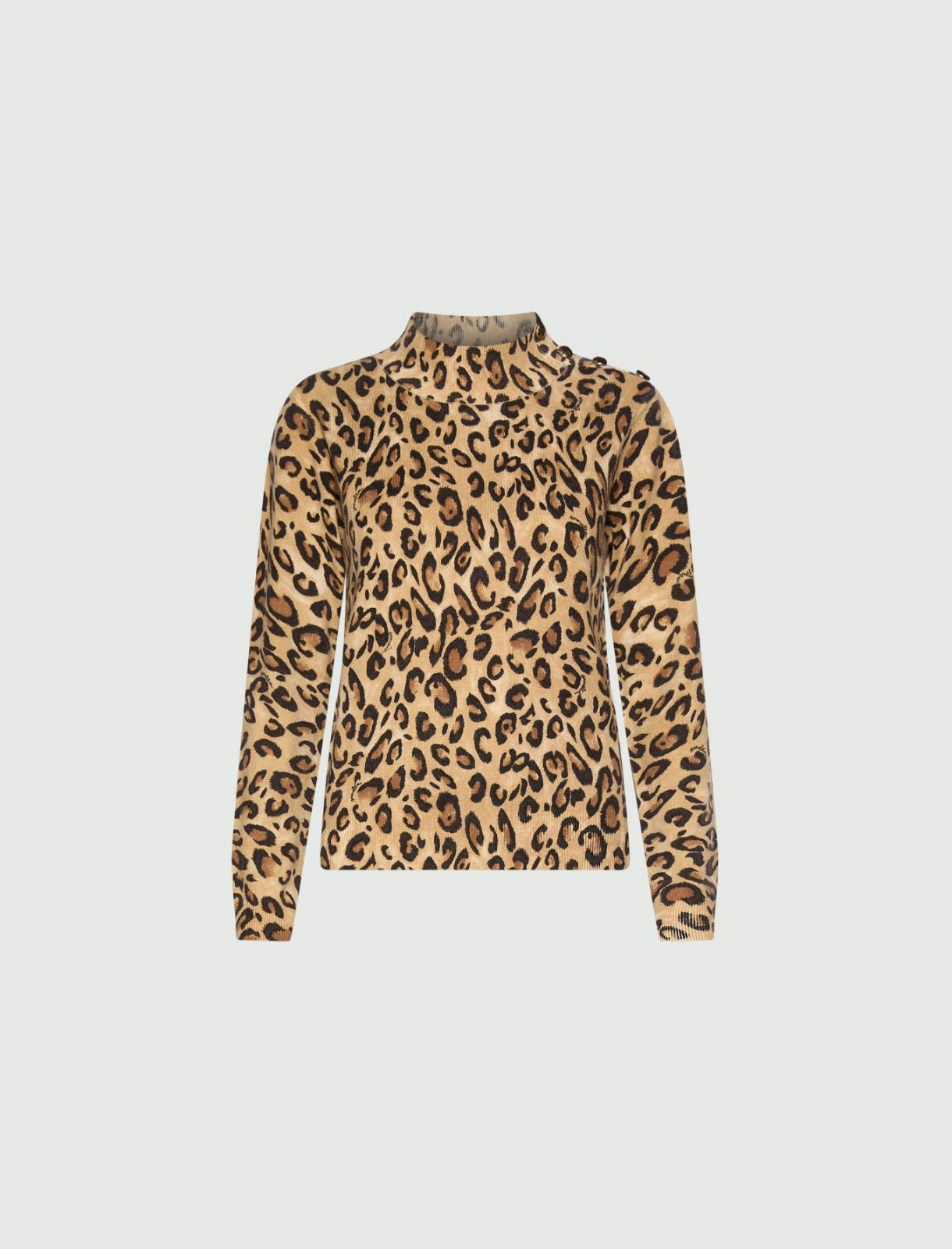 Marella Beige Animal Print Buttoned Wool Mock-Polo-Neck Sweater