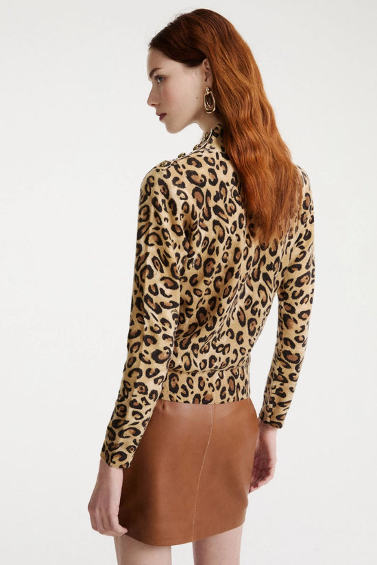 Marella Beige Animal Print Buttoned Wool Mock-Polo-Neck Sweater