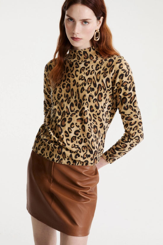 Marella Beige Animal Print Buttoned Wool Mock-Polo-Neck Sweater
