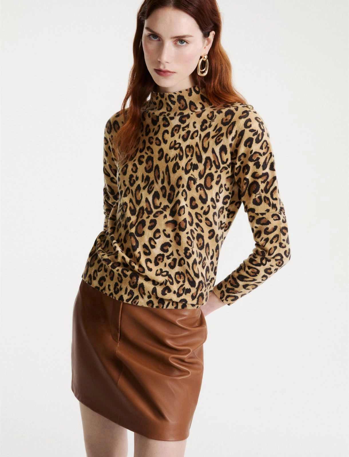 Marella Beige Animal Print Buttoned Wool Mock-Polo-Neck Sweater