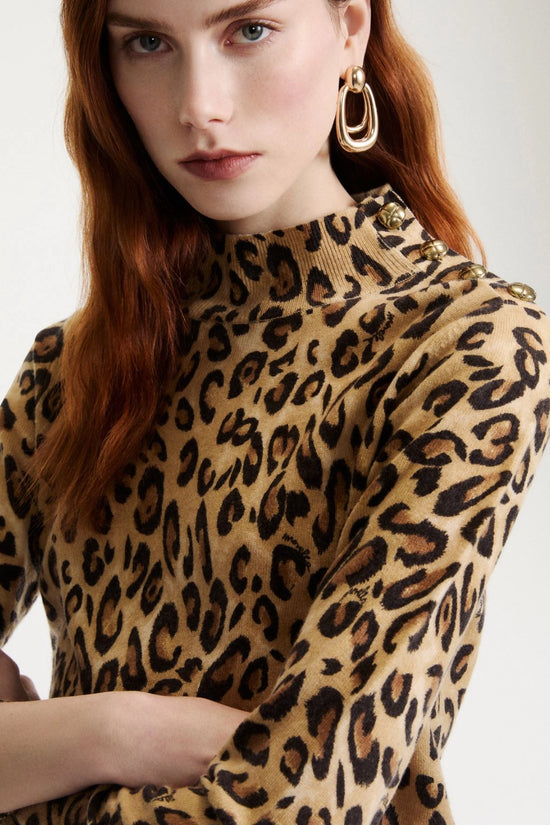 Marella Beige Animal Print Buttoned Wool Mock-Polo-Neck Sweater