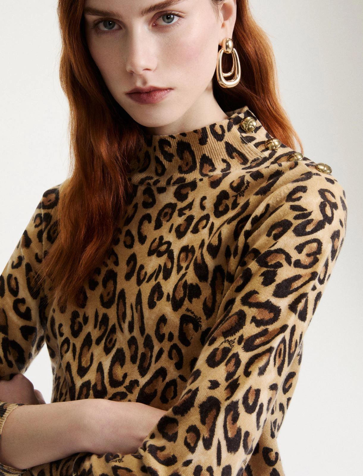 Marella Beige Animal Print Buttoned Wool Mock-Polo-Neck Sweater