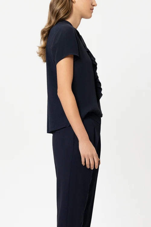 Luisa Cerano Navy Short Sleeve Top with Flounces 338332