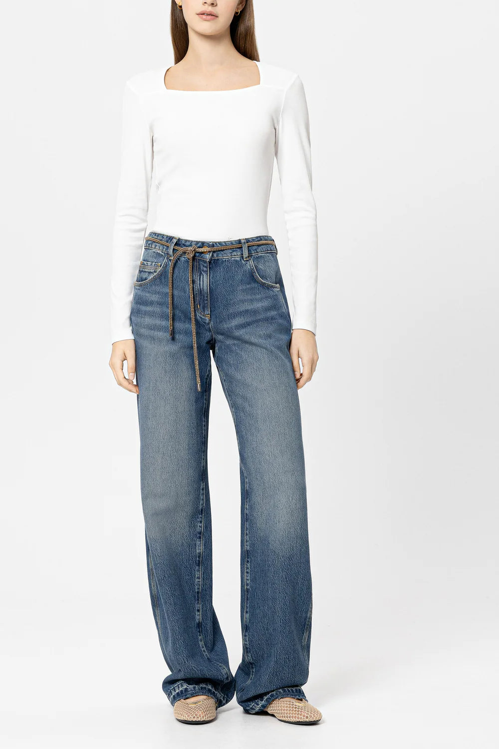 Luisa Cerano White Long Sleeve Ribbed T-Shirt with Square Neckline 338341