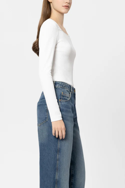 Luisa Cerano White Long Sleeve Ribbed T-Shirt with Square Neckline 338341