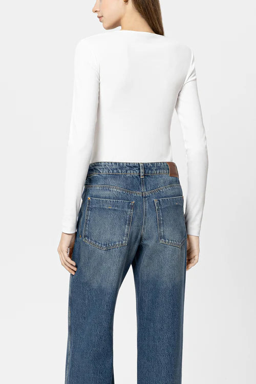 Luisa Cerano White Long Sleeve Ribbed T-Shirt with Square Neckline 338341