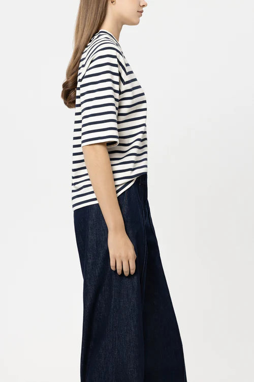 Luisa Cerano Navy Striped T-Shirt with Button Detail 338343