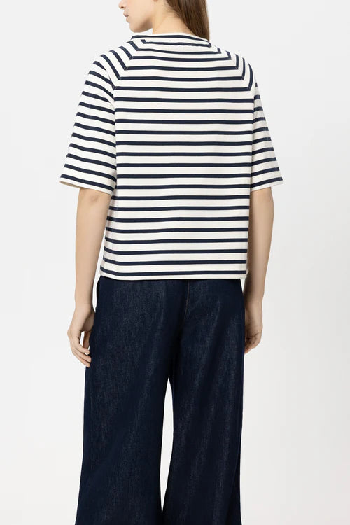 Luisa Cerano Navy Striped T-Shirt with Button Detail 338343