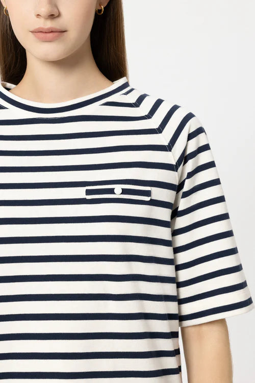 Luisa Cerano Navy Striped T-Shirt with Button Detail 338343