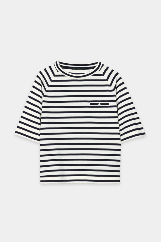 Luisa Cerano Navy Striped T-Shirt with Button Detail 338343