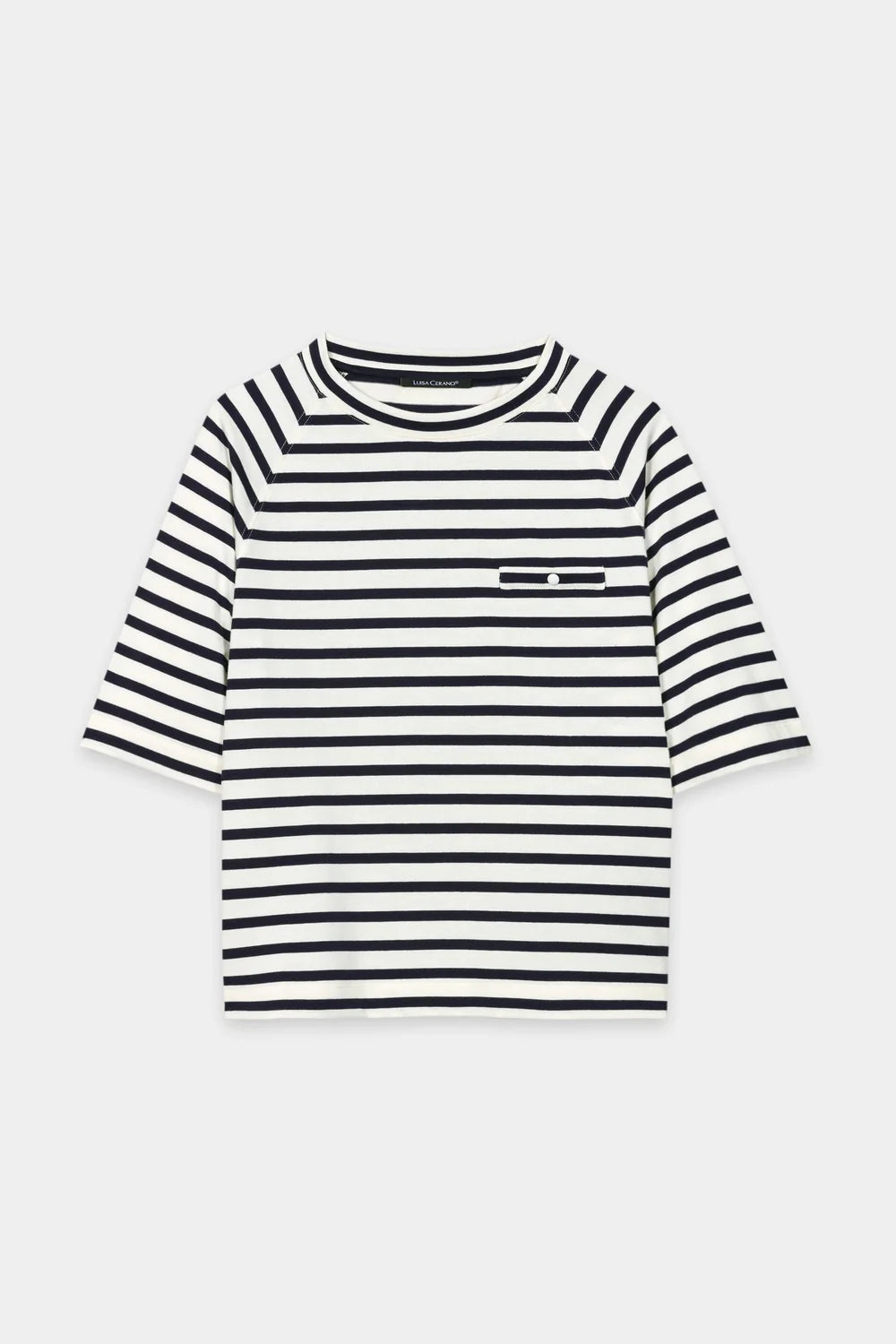 Luisa Cerano Navy Striped T-Shirt with Button Detail 338343