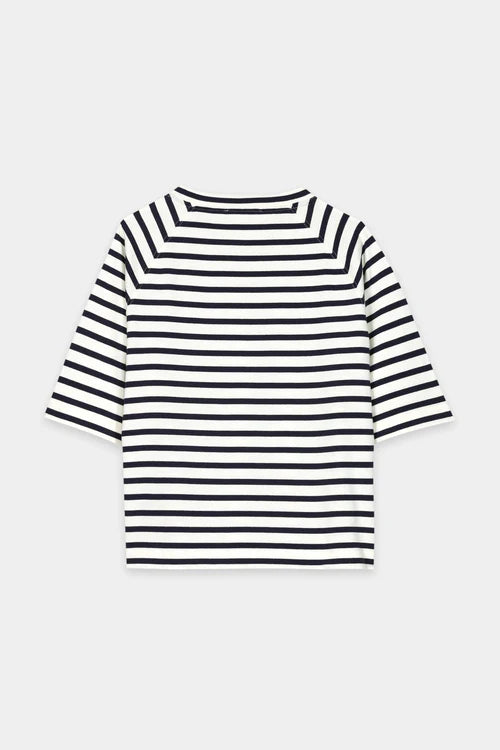 Luisa Cerano Navy Striped T-Shirt with Button Detail 338343