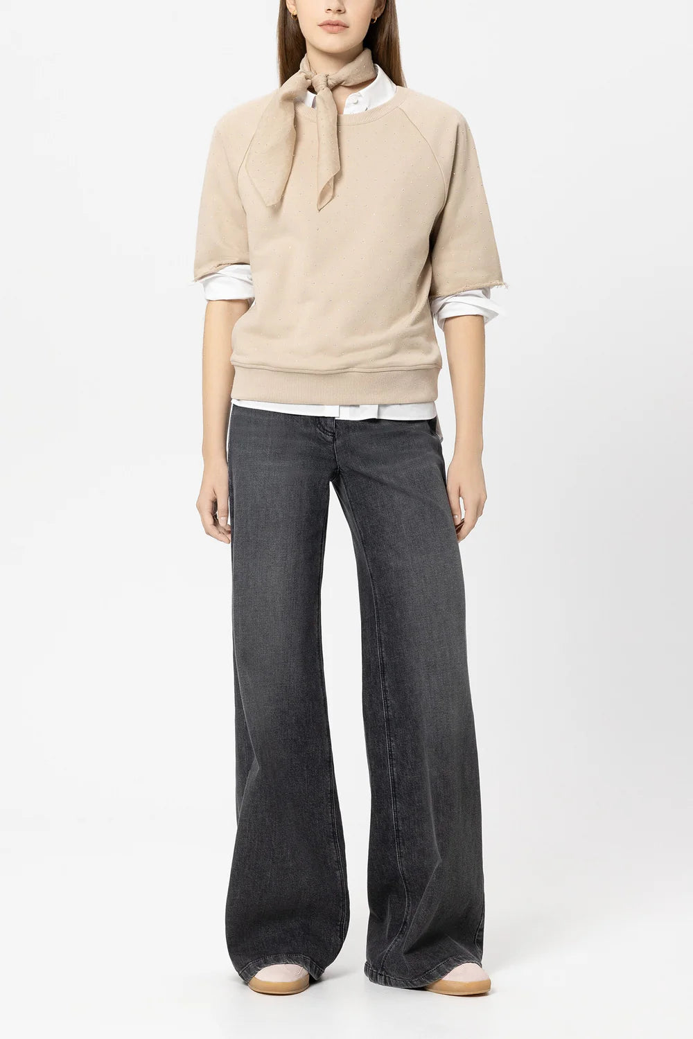 Luisa Cerano Camel Short-Sleeve Sweatshirt with Gemstones 338345