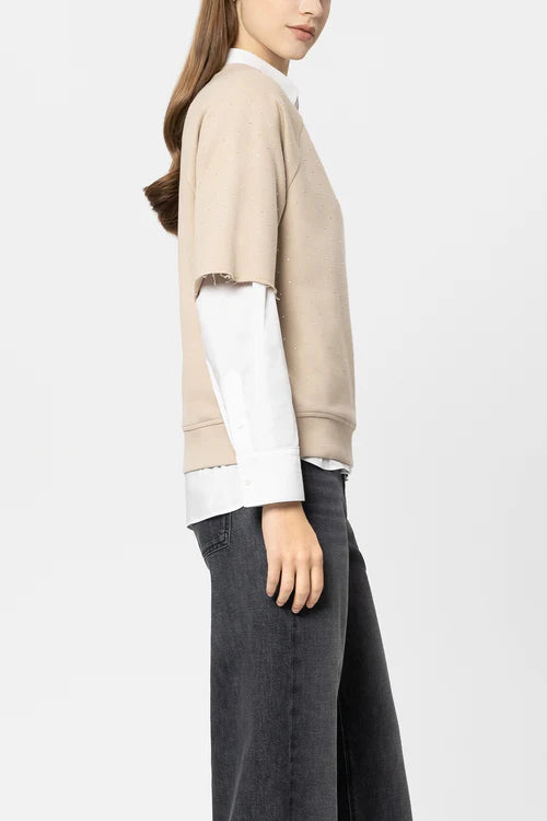 Luisa Cerano Camel Short-Sleeve Sweatshirt with Gemstones 338345