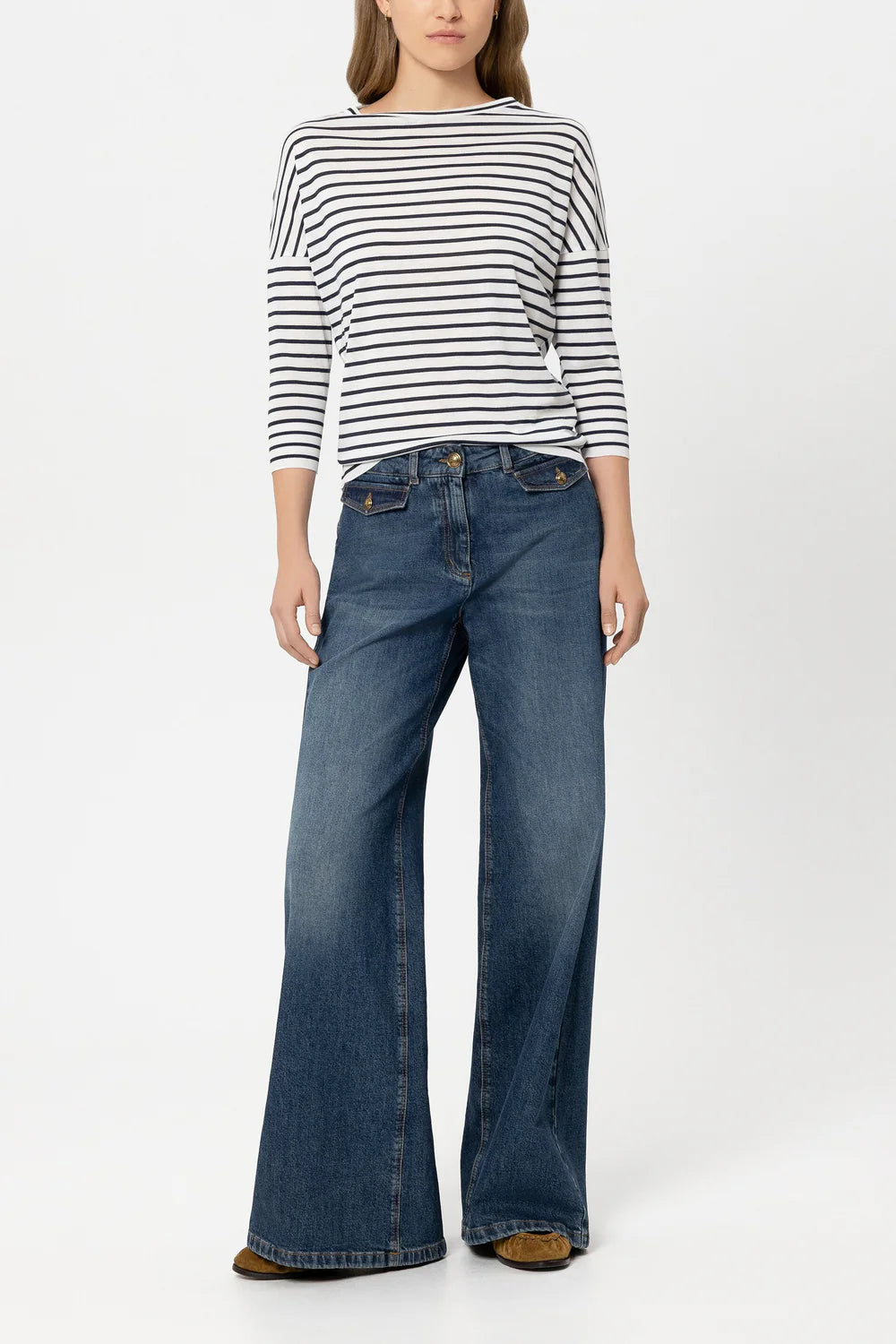 Luisa Cerano Navy Striped Round Neck 3/4 Sleeve T-Shirt 338351